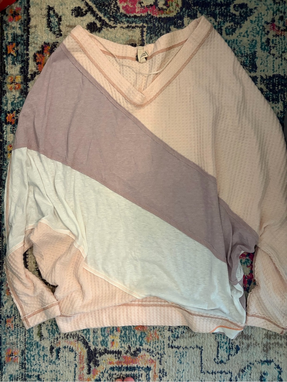 We The Free Diagonal Colorblock V-Neck Waffle Knit in Pink, Lavender & White